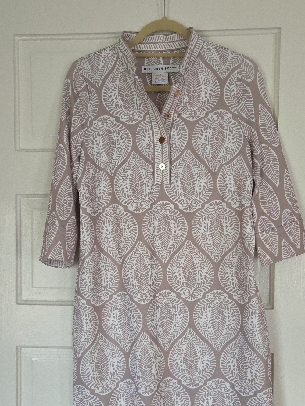 Gretchen Scott Dusty Taupe and White Printed Tunic Dress L